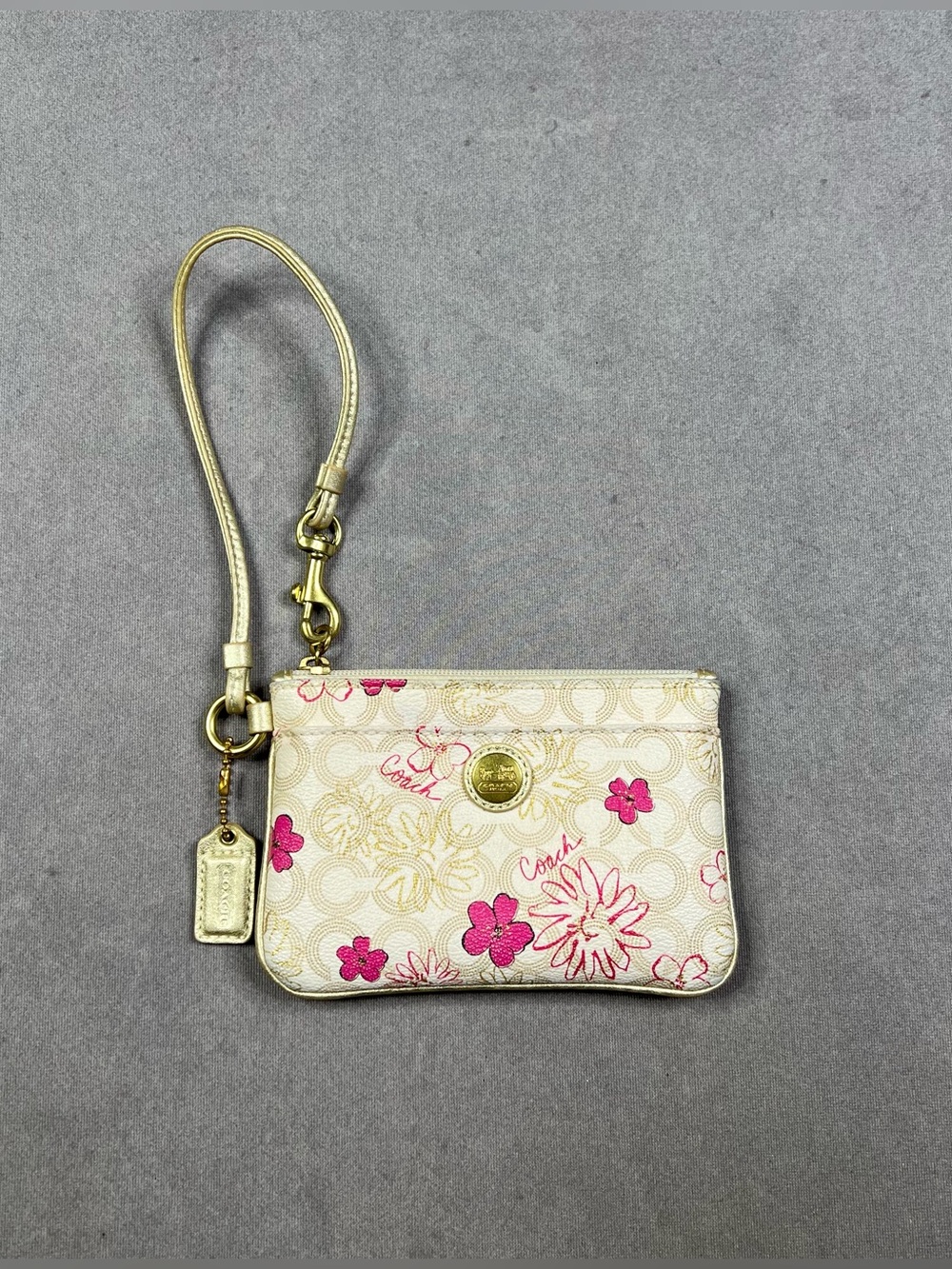 Coach Pink Floral Signature Wristlet with Gold Hardware